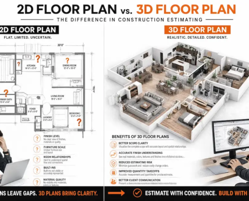 A split-screen layout contrasting the confused estimator with a flat blueprint (question marks over finishes, furniture scale, built-ins) against a confident estimator reviewing a fully furnished, realistic 3D render, with the five key benefit callouts.