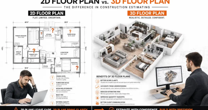 A split-screen layout contrasting the confused estimator with a flat blueprint (question marks over finishes, furniture scale, built-ins) against a confident estimator reviewing a fully furnished, realistic 3D render, with the five key benefit callouts.