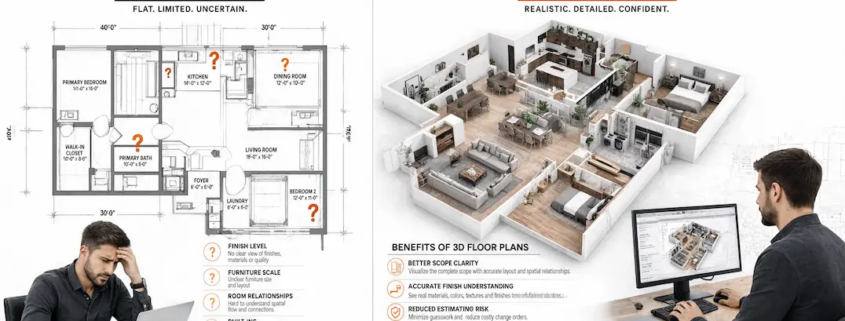 A split-screen layout contrasting the confused estimator with a flat blueprint (question marks over finishes, furniture scale, built-ins) against a confident estimator reviewing a fully furnished, realistic 3D render, with the five key benefit callouts.
