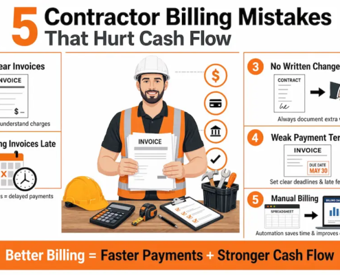 a central contractor with the five mistakes laid out around him and a summary banner.