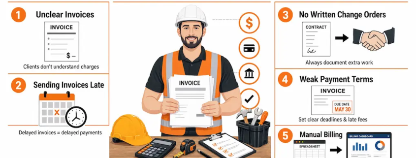 a central contractor with the five mistakes laid out around him and a summary banner.
