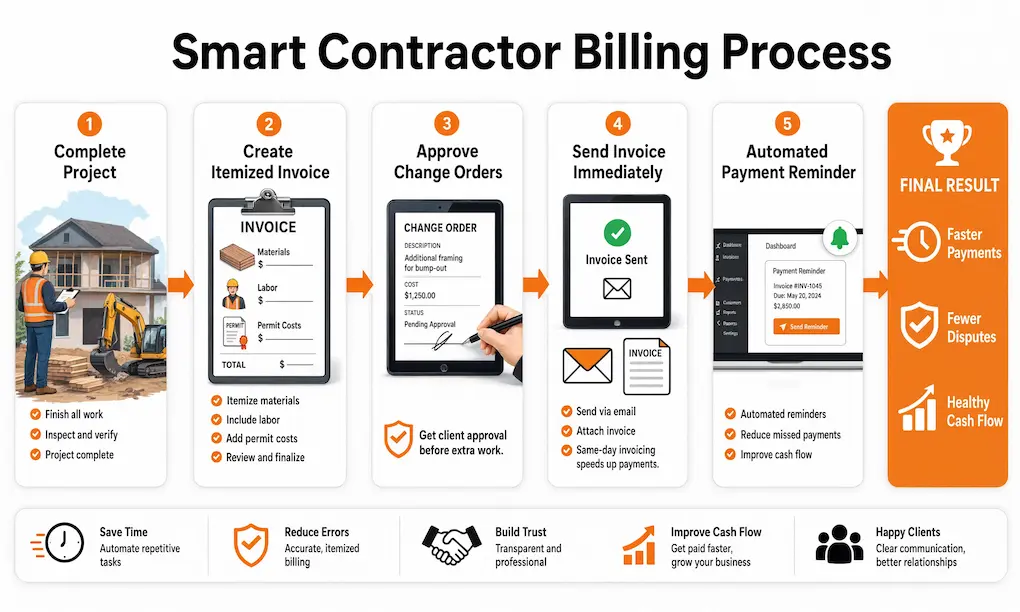 a five-step workflow connected by orange arrows into a final success box.