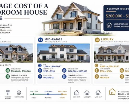 Infographic displaying the estimated cost of a 4-bedroom house across budget, mid-range, and luxury tiers ranging from $200,000 to over $1.2 million.