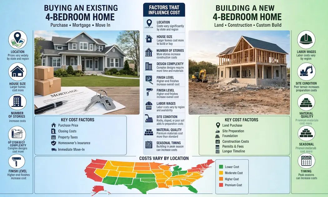 Comparison graphic evaluating the cost of a 4-bedroom house when buying existing versus building new, featuring key pricing factors and a US location map.