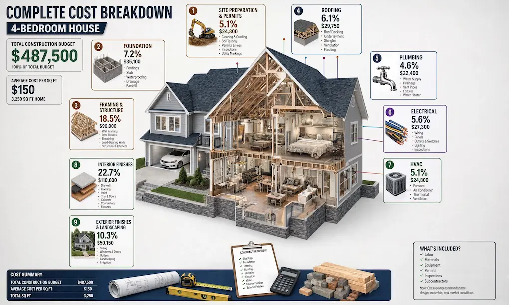 3D house cutaway diagram illustrating the itemized construction cost of a 4-bedroom house totaling $487,500 across structural, interior, and utility expenses.